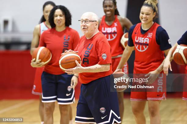 Members of the USA Womens Basketball Team laugh during practice on September 9, 2022 at Cox Pavilion in Las Vegas, Nevada. NOTE TO USER: User...