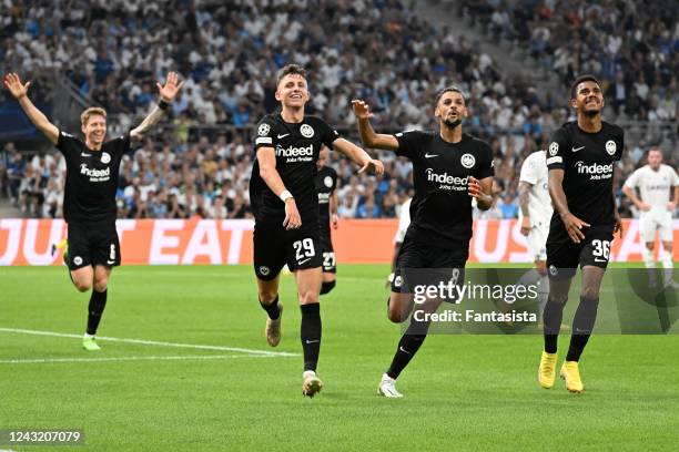 Jesper Lindström Lindstroem of Eintracht Frankfurt celebrates scoring the opening goal during the UEFA Champions League Group D match between...