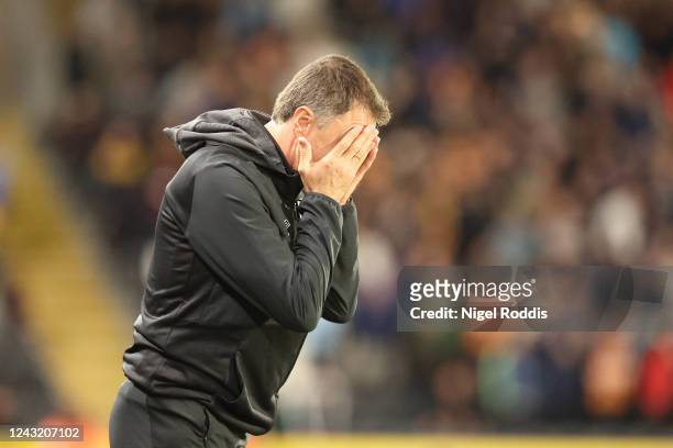 Shota Arveladze manager of Hull City reacts during the Sky Bet Championship between Hull City and Stoke City at MKM Stadium on September 13, 2022 in...