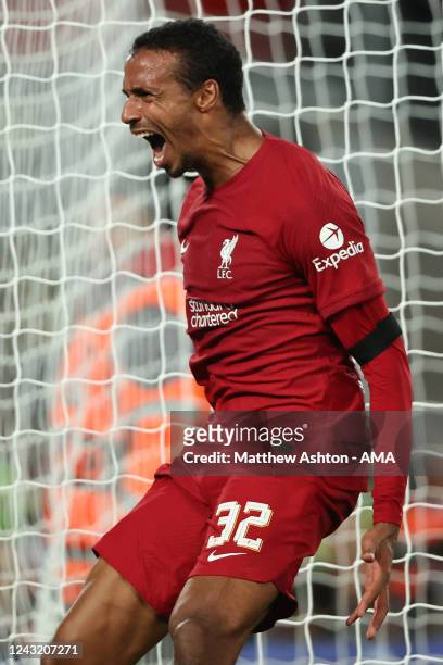 Joel Matip of Liverpool celebrates after scoring a goal to make it 2-1 during the UEFA Champions League group A match between Liverpool FC and AFC...