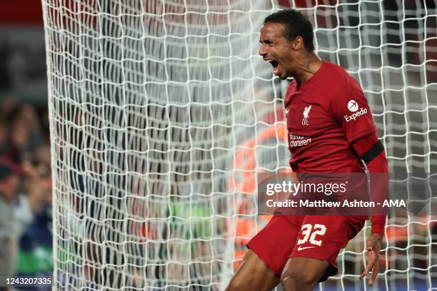 Joel Matip of Liverpool celebrates after scoring a goal to make it 2-1 during the UEFA Champions League group A match between Liverpool FC and AFC...