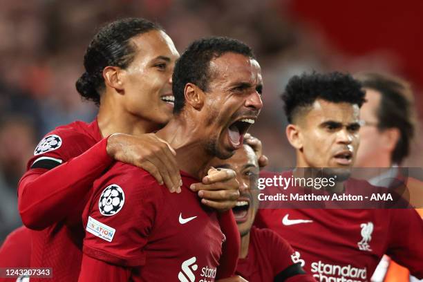 Joel Matip of Liverpool celebrates after scoring a goal to make it 2-1 during the UEFA Champions League group A match between Liverpool FC and AFC...