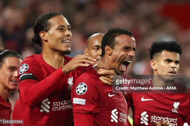 Joel Matip of Liverpool celebrates after scoring a goal to make it 2-1 during the UEFA Champions League group A match between Liverpool FC and AFC...