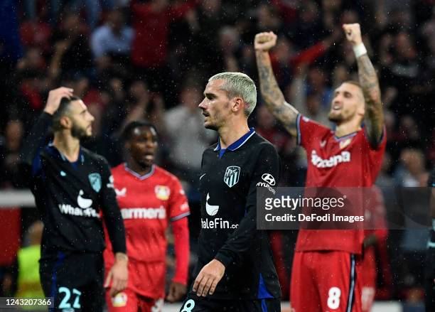 Antoine Griezmann of Atletico Madrid looks dejected during the UEFA Champions League group B match between Bayer 04 Leverkusen and Atletico Madrid at...