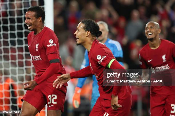 Joel Matip of Liverpool celebrates after scoring a goal to make it 2-1 during the UEFA Champions League group A match between Liverpool FC and AFC...