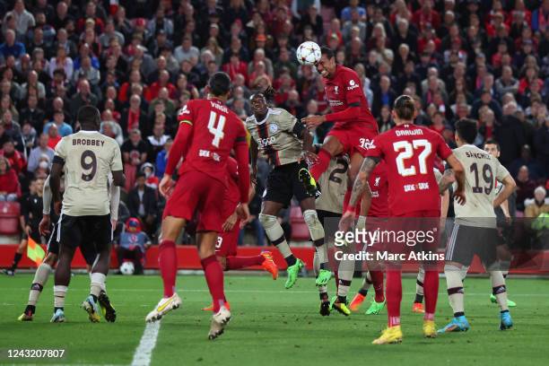 Joel Matip of Liverpool scores thier 2nd goal during the UEFA Champions League group A match between Liverpool FC and AFC Ajax at Anfield on...