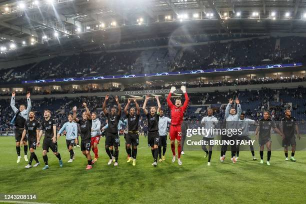 Club's players celebrate after winning the match between Belgian soccer team Club Brugge KV and Portuguese FC Porto, Tuesday 13 September 2022 in...