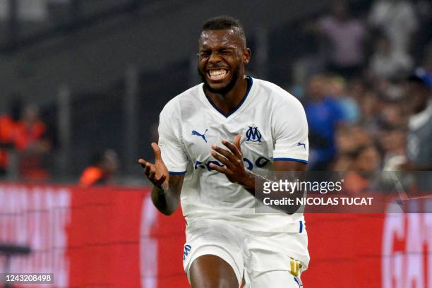 Marseille's Portuguese defender Nuno Tavares reacts during the UEFA Champions League, Group D football match, between Olympique Marseille and...