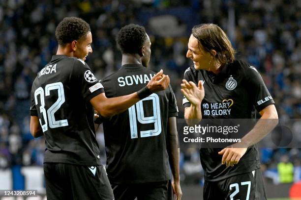 Nusa Antonio forward of Club Brugge celebrates scoring a goal with Nielsen Casper midfielder of Club Brugge during the Champions League Group B match...