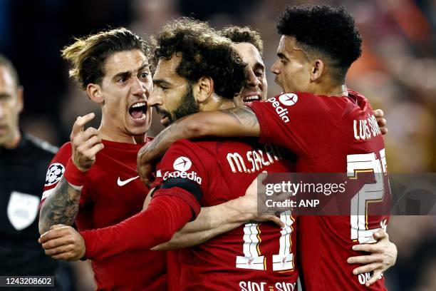 Kostas Tsimikas of Liverpool FC, Mo Salah of Liverpool FC, Luis Diaz of Liverpool FC celebrate the 1-0 during the UEFA Champions League Group A match...