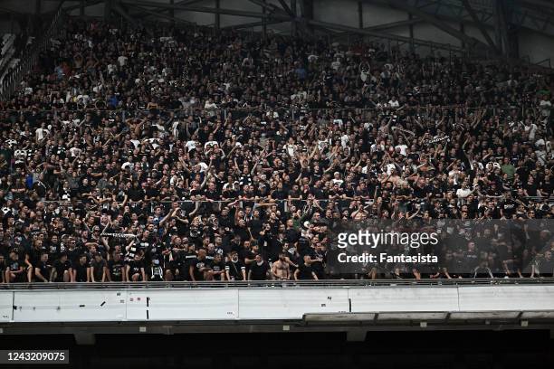 The fans of Eintracht Frankfurt celebrating the win after the UEFA Champions League Group D match between Olympique de Marseille and Eintracht...