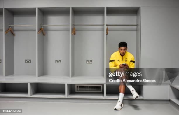 Jude Bellingham prior to the Borussia Dortmund Training Session at the Etihad Stadium on September 13, 2022 in Manchester, England.