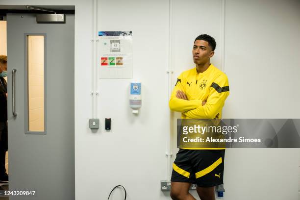 Jude Bellingham prior to the Borussia Dortmund Training Session at the Etihad Stadium on September 13, 2022 in Manchester, England.