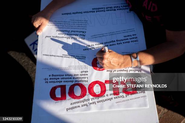 An abortion rights demonstrator makes a sign reading "Blood On Your Hands" outside the Susan B. Anthony Pro-Life Americas annual gala and fundraising...