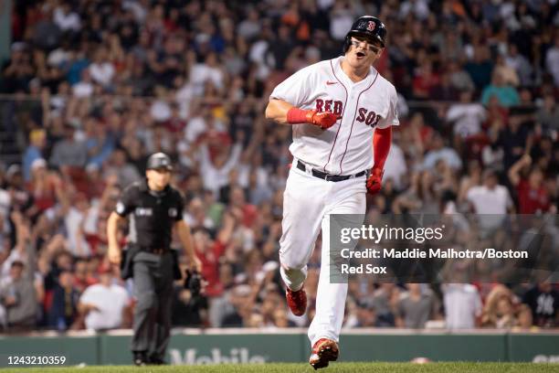 Reese McGuire of the Boston Red Sox reacts after hitting a home run during the third inning of a game against the New York Yankees on September 13,...