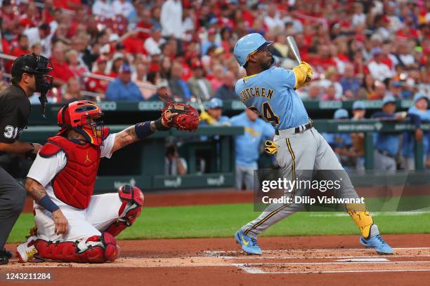 Andrew McCutchen of the Milwaukee Brewers hits an RBI double against the St. Louis Cardinals in the first inning at Busch Stadium on September 13,...