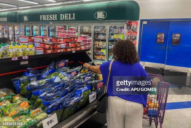 Woman shops for produce at a 99 Cents store in Santa Monica, California, on September 13, 2022. - US annual inflation slowed slightly in August,...