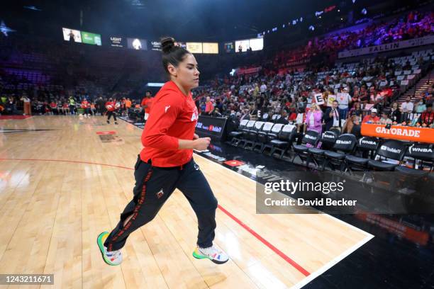 Kelsey Plum of the Las Vegas Aces walks off of the court before Game 2 of the 2022 WNBA Finals on September 13, 2022 at Michelob ULTRA Arena in Las...