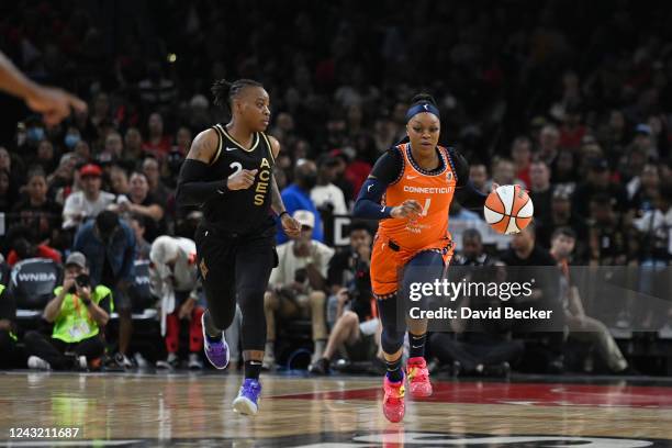 Odyssey Sims of the Connecticut Sun dribbles the ball against the Las Vegas Aces during Game 2 of the 2022 WNBA Finals on September 13, 2022 at...