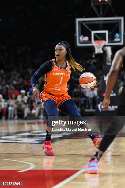 Odyssey Sims of the Connecticut Sun dribbles the ball against the Las Vegas Aces during Game 2 of the 2022 WNBA Finals on September 13, 2022 at...