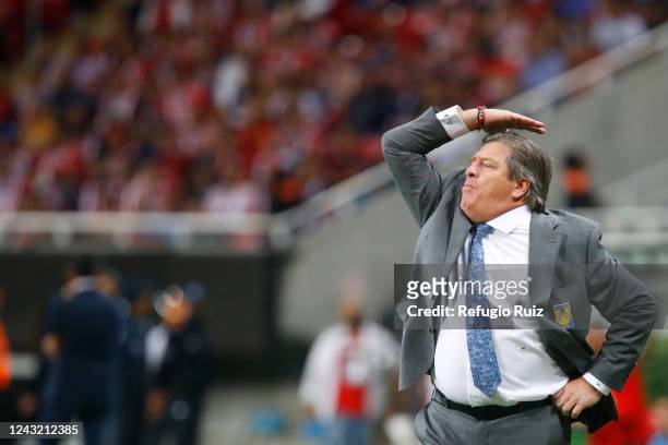 Miguel Herrera, coach of Tigres, reacts during the 9th round match between Chivas and Tigres UANL as part of the Torneo Apertura 2022 Liga MX at...
