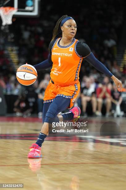 Odyssey Sims of the Connecticut Sun dribbles the ball during Game 2 of the 2022 WNBA Finals on September 13, 2022 at Michelob ULTRA Arena in Las...