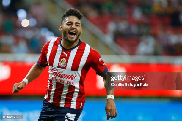 Alexis Vega of Chivas reacts during the 9th round match between Chivas and Tigres UANL as part of the Torneo Apertura 2022 Liga MX at Akron Stadium...