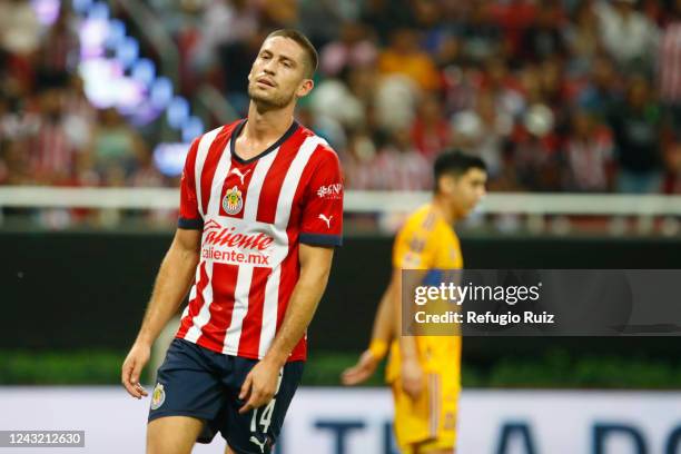 Santiago Ormeño of Chivas reacts during the 9th round match between Chivas and Tigres UANL as part of the Torneo Apertura 2022 Liga MX at Akron...