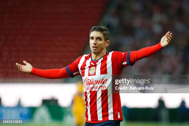 Isaac Brizuela of Chivas reacts during the 9th round match between Chivas and Tigres UANL as part of the Torneo Apertura 2022 Liga MX at Akron...