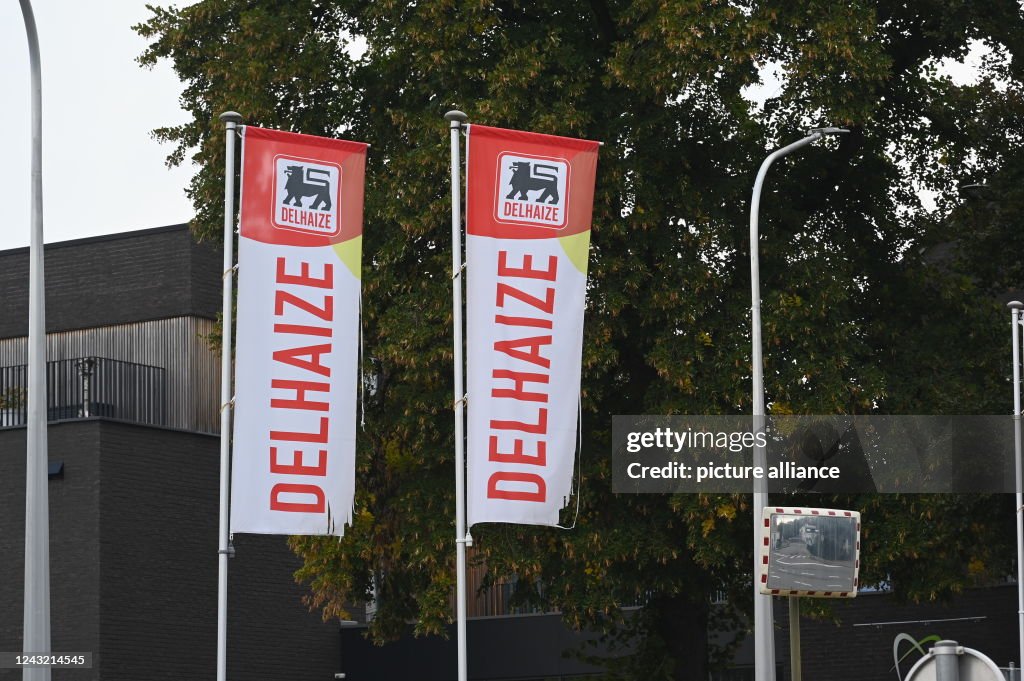 Delhaize Learning Flags of Delhaize, an international food chain from Belgium, waving ...