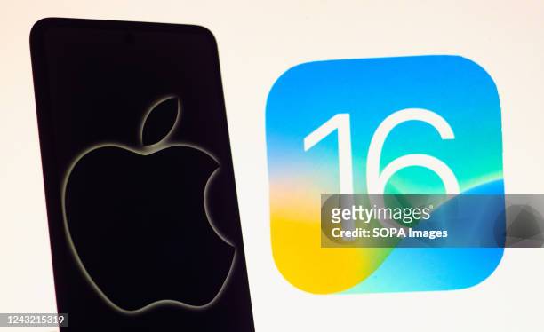 In this photo illustration the Apple logo seen displayed on a smartphone and in the background, the iOS 16 operating system logo.