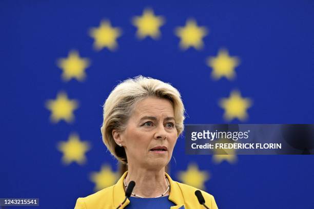 European Commission President Ursula von der Leyen delivers a speech during a debate on "The State of the European Union" as part of a plenary...