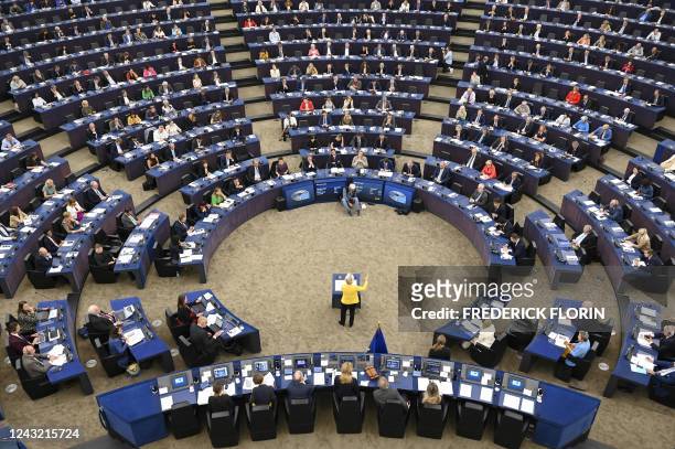 European Commission President Ursula von der Leyen delivers a speech during a debate on "The State of the European Union" as part of a European...