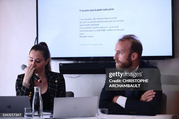 French owner of influencer Shauna Events agency, Magali Berdah , next to her lawyer Antonin Gravelin-Rodriguez, speaks in front of an anti-Semitic...