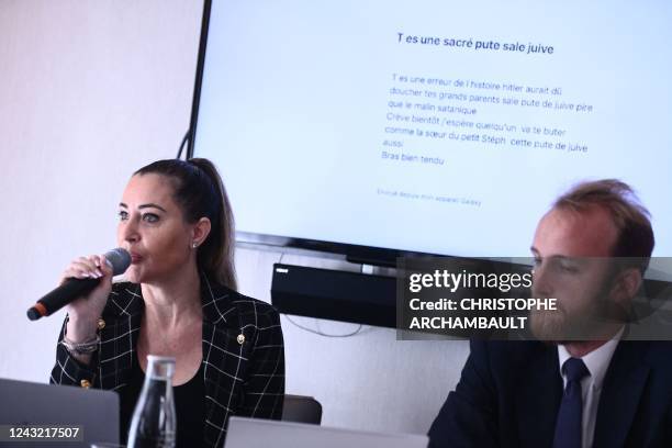 French owner of influencer Shauna Events agency, Magali Berdah , next to her lawyer Antonin Gravelin-Rodriguez, speaks in front of an anti-Semitic...