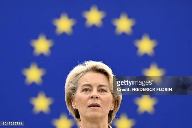European Commission President Ursula von der Leyen delivers a speech during a debate on "The State of the European Union" as part of a plenary...
