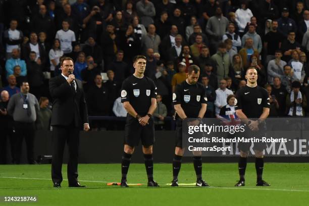 Singer Russell Watson sings the national anthem during the Sky Bet Championship between Preston North End and Burnley at Deepdale on September 13,...