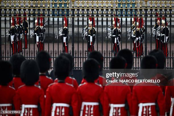 Blues and Royals, a unit of the Household Cavalry and Household Division Foot Guards prepare at Buckingham Palace in central London on September 14...