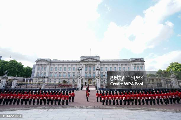Coldstream Guards outside Buckingham Palace, ahead of the ceremonial procession of the coffin of Queen Elizabeth II from Buckingham Palace to...