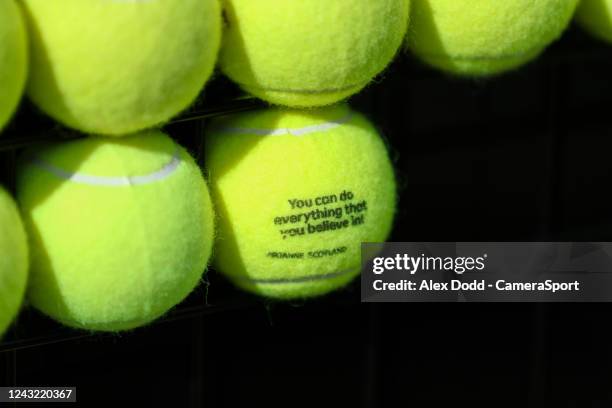 Customised tennis balls are seen outside the Emirates Arena, ahead of the Davis Cup Group D match between United States and Great Britain on...