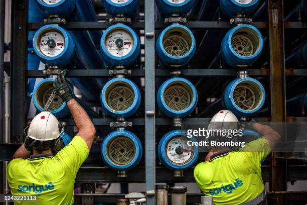 Engineers carry out maintenance on reverse osmosis tubes at the ITAM Llobregat desalination plant, operated by Ens dAbastament dAigua Ter-Llobregat...