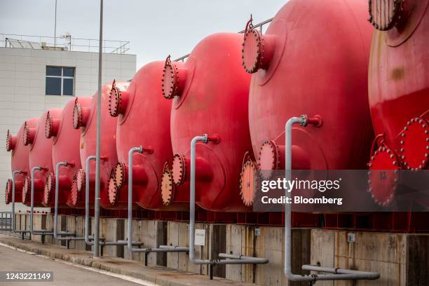 Pressurized water filtration tanks at the ITAM Llobregat desalination plant, operated by Ens dAbastament dAigua Ter-Llobregat in the El Prat de...