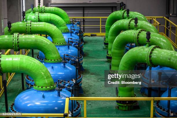 Water pumps in the reverse osmosis hall at the ITAM Llobregat desalination plant, operated by Ens dAbastament dAigua Ter-Llobregat in the El Prat de...