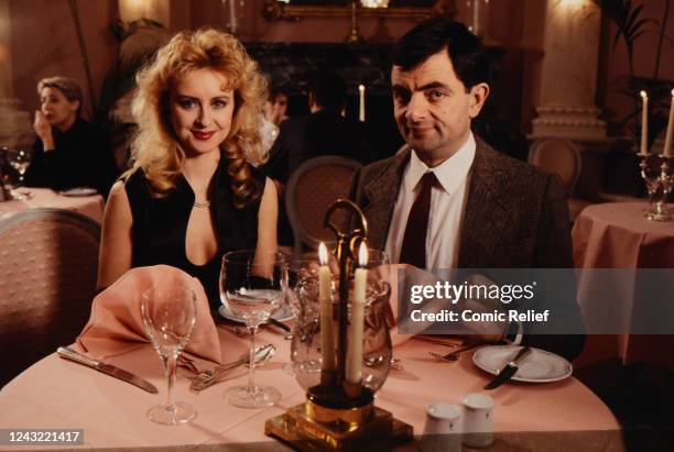 Scene from the filming of the sketch shown on the Night of TV of Red Nose Day 1993 in which Mr Bean appears on Cilla Black's Blind Date and wins:...