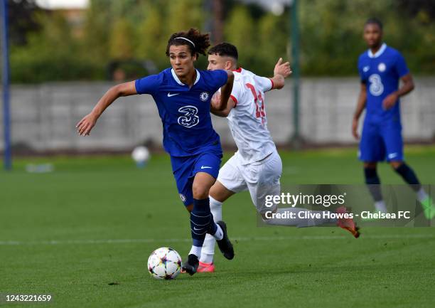 Charlie Webster of Chelsea in action during the Chelsea FC v FC Salzburg: Group E UEFA Youth League match on September 14, 2022 in Cobham, United...