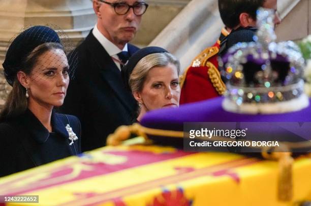 Britain's Catherine , Duchess of Kent, and Britain's Sophie , Countess of Wessex, watch the coffin of Britain's Queen Elizabeth II on a Catafalque...