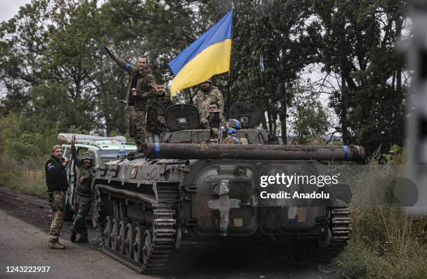 Ukrainian soldiers are seen in a tank after Russian Forces withdrawal as Russia-Ukraine war continues in Izium, Kharkiv Oblast, Ukraine on September...