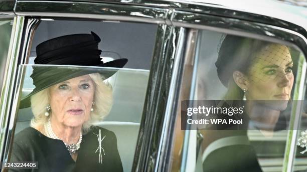 Camilla, Queen Consort and Catherine, Princess of Wales arrive for a service for the reception of Queen Elizabeth II's coffin at Westminster Hall on...