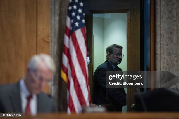 Senator Gary Peters, a Democrat from Michigan and chairman of the Senate Homeland Security and Governmental Affairs Committee, arrives during a...
