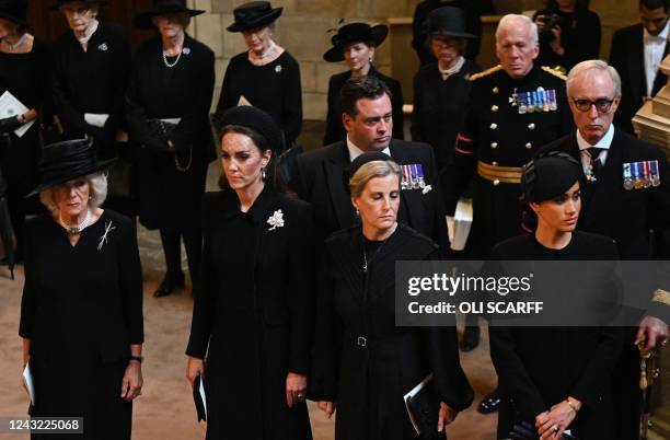 Britain's Camilla, Queen Consort, Britain's Catherine, Princess of Wales, Britain's Sophie, Countess of Wessex and Meghan, Duchess of Sussex attend a...